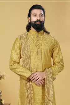 Men Jacquard Silk Woven Yellow Embellished Kurta