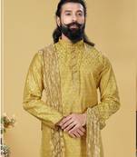 Men Jacquard Silk Woven Yellow Embellished Kurta