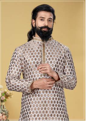 Men White Dupion Silk Woven Zari Buta Designer Kurta 1