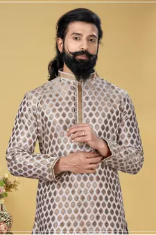 Men White Dupion Silk Woven Zari Buta Designer Kurta