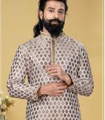 Men White Dupion Silk Woven Zari Buta Designer Kurta