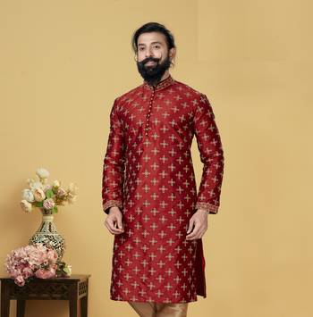 Men Red Dupion Silk Embroidered Designer Kurta 1