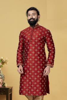 Men Red Dupion Silk Embroidered Designer Kurta