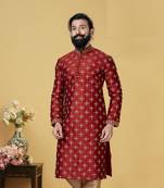 Men Red Dupion Silk Embroidered Designer Kurta