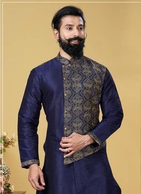 Men Navy Blue Dupion Silk Embroidered Designer Kurta 1