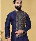 Men Navy Blue Dupion Silk Embroidered Designer Kurta