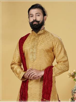 Men Jacquard Silk Woven Yellow Embellished Kurta 1
