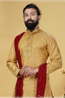 Men Jacquard Silk Woven Yellow Embellished Kurta