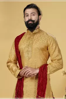 Men Jacquard Silk Woven Yellow Embellished Kurta