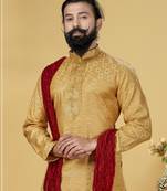 Men Jacquard Silk Woven Yellow Embellished Kurta