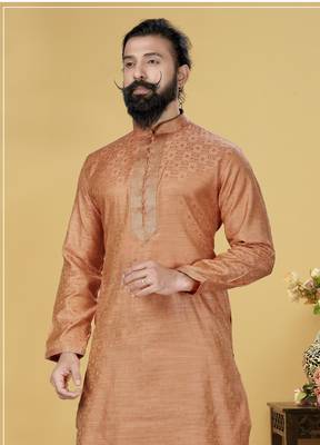 Men Jacquard Silk Woven Peach Embellished Kurta 1