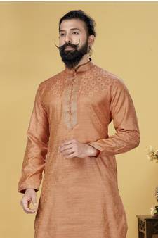 Men Jacquard Silk Woven Peach Embellished Kurta