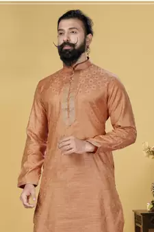 Men Jacquard Silk Woven Peach Embellished Kurta