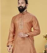 Men Jacquard Silk Woven Peach Embellished Kurta