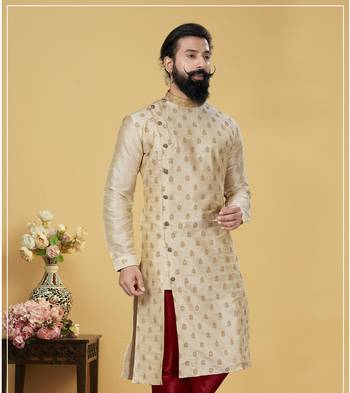 Men white Dupion Silk Zari Buta Designer Kurta 1