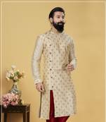 Men white Dupion Silk Zari Buta Designer Kurta