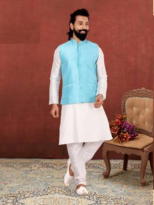 Men Sky Blue Dupion Silk Nehru Jacket with Plain White Dupion Silk Kurta Churidar 7