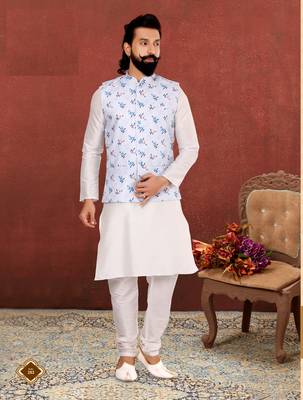 Men Off White Cotton Printed Nehru Jacket with Plain White Dupion Silk Kurta Churidar 7