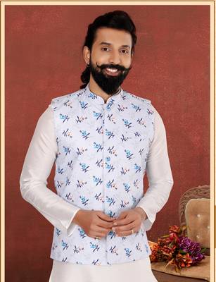 Men Off White Cotton Printed Nehru Jacket with Plain White Dupion Silk Kurta Churidar 1