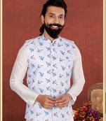 Men Off White Cotton Printed Nehru Jacket with Plain White Dupion Silk Kurta Churidar