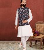 Men Black Cotton Printed Nehru Jacket with Plain White Dupion Silk Kurta Churidar
