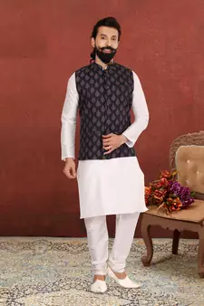 Men Black Cotton Printed Nehru Jacket with Plain White Dupion Silk Kurta Churidar