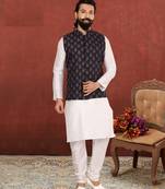 Men Black Cotton Printed Nehru Jacket with Plain White Dupion Silk Kurta Churidar