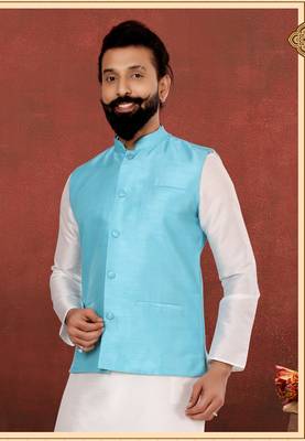Men Sky Blue Dupion Silk Nehru Jacket with Plain White Dupion Silk Kurta Churidar 1