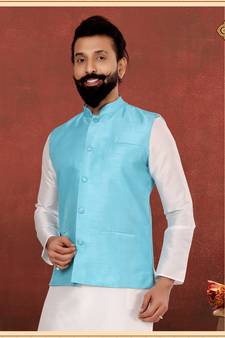 Men Sky Blue Dupion Silk Nehru Jacket with Plain White Dupion Silk Kurta Churidar