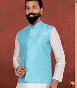 Men Sky Blue Dupion Silk Nehru Jacket with Plain White Dupion Silk Kurta Churidar