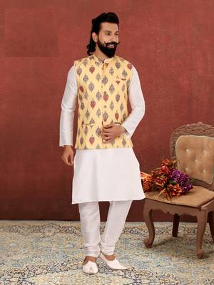 Men Yellow Cotton Printed Nehru Jacket with Plain White Dupion Silk Kurta Churidar 1