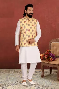 Men Yellow Cotton Printed Nehru Jacket with Plain White Dupion Silk Kurta Churidar