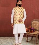 Men Yellow Cotton Printed Nehru Jacket with Plain White Dupion Silk Kurta Churidar