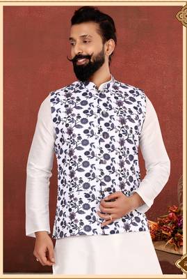 Men White Cotton Printed Nehru Jacket with Plain White Dupion Silk Kurta Churidar 1