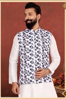Men White Cotton Printed Nehru Jacket with Plain White Dupion Silk Kurta Churidar