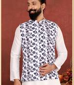 Men White Cotton Printed Nehru Jacket with Plain White Dupion Silk Kurta Churidar
