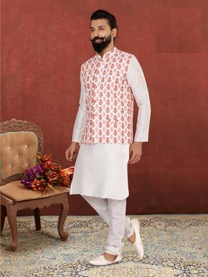 Men White Cotton Printed Nehru Jacket with Plain White Dupion Silk Kurta Churidar 7
