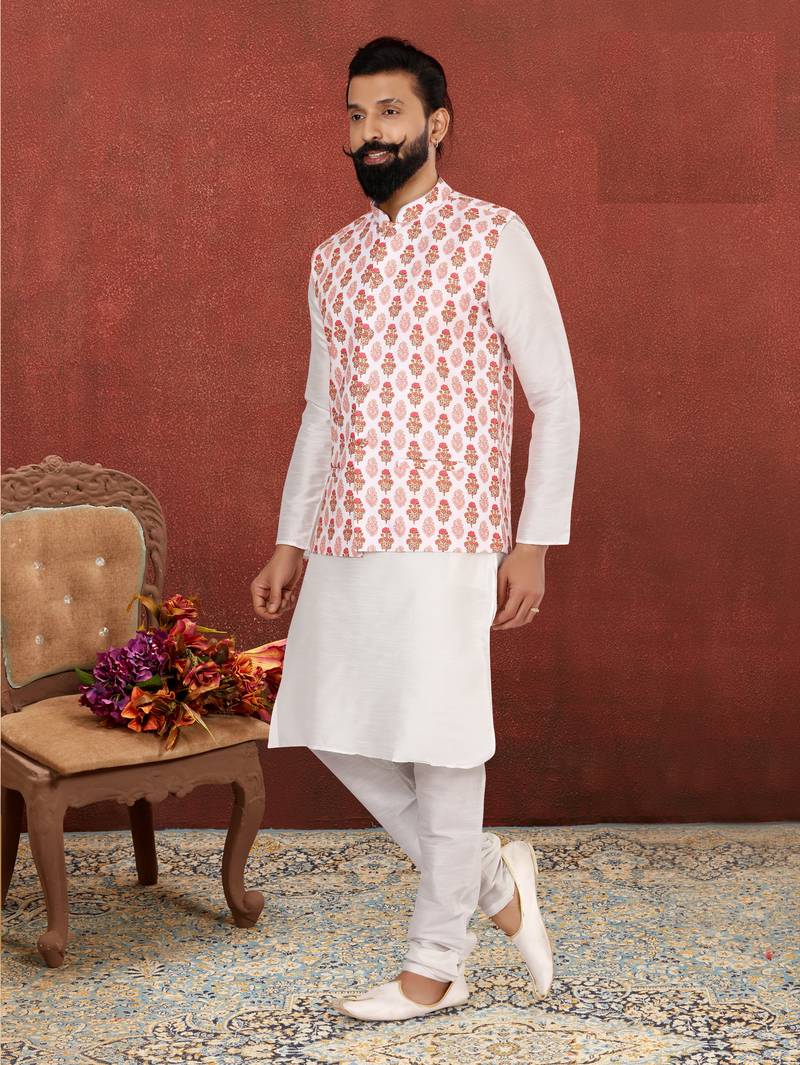 Men White Cotton Printed Nehru Jacket with Plain White Dupion Silk Kurta Churidar
