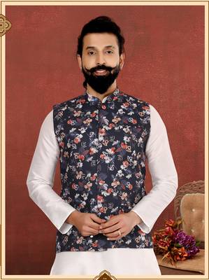 Men Black Cotton Printed Nehru Jacket with Plain White Dupion Silk Kurta Churidar 7