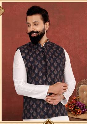 Men Black Cotton Printed Nehru Jacket with Plain White Dupion Silk Kurta Churidar 7