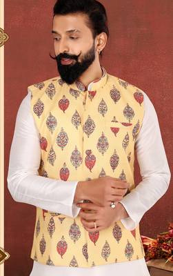 Men Yellow Cotton Printed Nehru Jacket with Plain White Dupion Silk Kurta Churidar 7