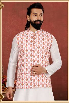 Men White Cotton Printed Nehru Jacket with Plain White Dupion Silk Kurta Churidar 1