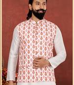Men White Cotton Printed Nehru Jacket with Plain White Dupion Silk Kurta Churidar