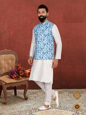 Men Off White Cotton Printed Nehru Jacket with Plain White Dupion Silk Kurta Churidar 7
