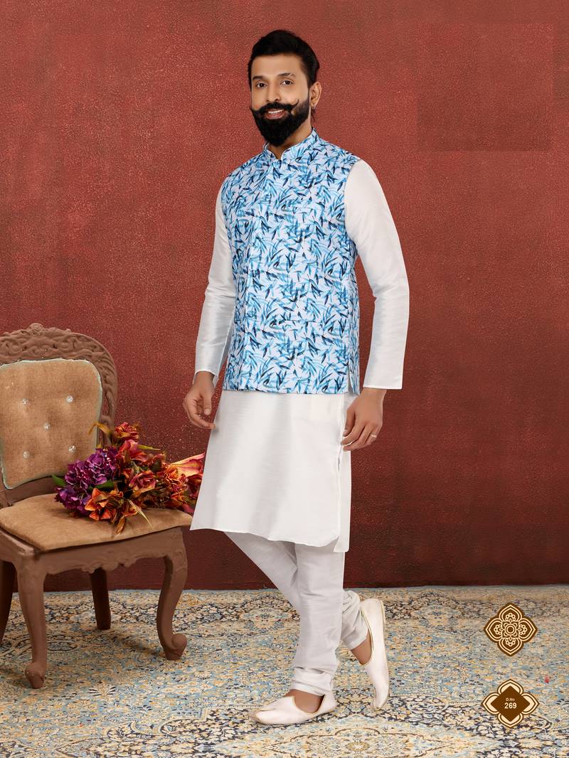Men Off White Cotton Printed Nehru Jacket with Plain White Dupion Silk Kurta Churidar