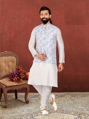 Men Off White Cotton Printed Nehru Jacket with Plain White Dupion Silk Kurta Churidar 1