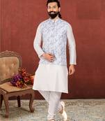 Men Off White Cotton Printed Nehru Jacket with Plain White Dupion Silk Kurta Churidar