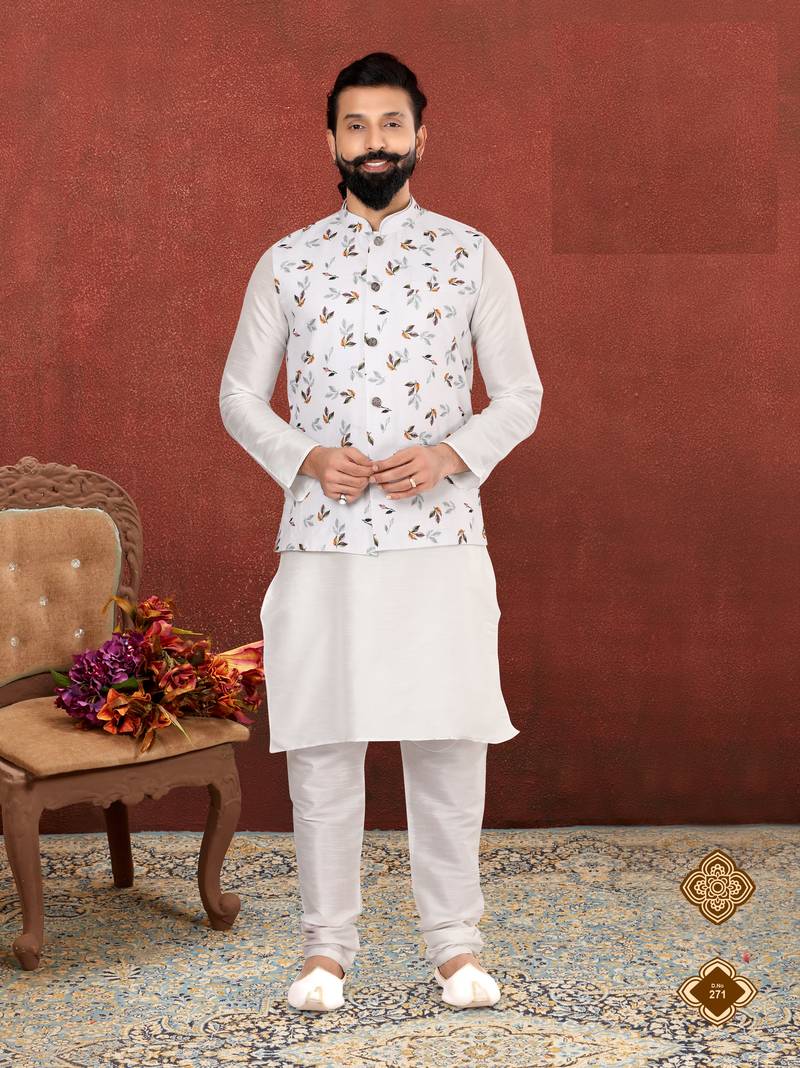 Men White Cotton Printed Nehru Jacket with Plain White Dupion Silk Kurta Churidar