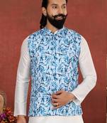 Men Off White Cotton Printed Nehru Jacket with Plain White Dupion Silk Kurta Churidar