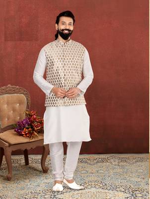 Men White Jacquard Silk Nehru Jacket with Plain White Dupion Silk Kurta Churidar 7